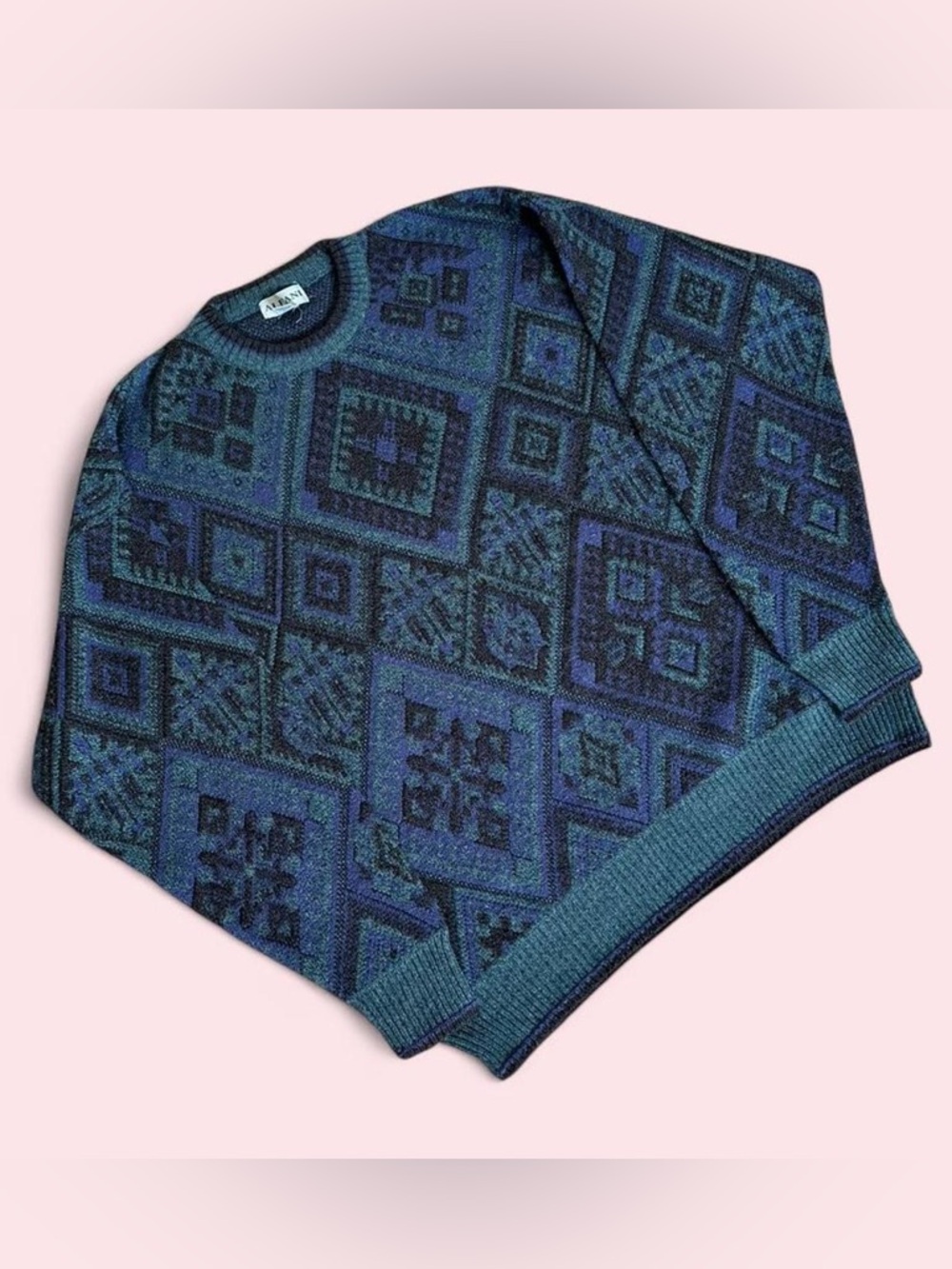 Vintage Alfani Blue Green Geometric Alpaca Blend Sweater XL Tall Italy - Picture 1 of 7